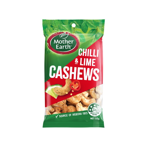 MOTHER EARTH CHILLI & LIME CASHEWS 50G 1X12