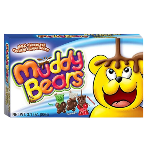 MUDDY BEARS CHOCOLATE COVERED GUMMI BEAR THEATRE BOX 88G 1X12 (Clearance)