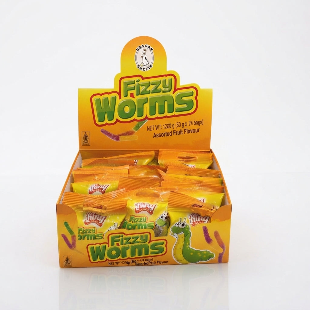 DRAGON 50GM SOUR FIZZY WORMS 1X24