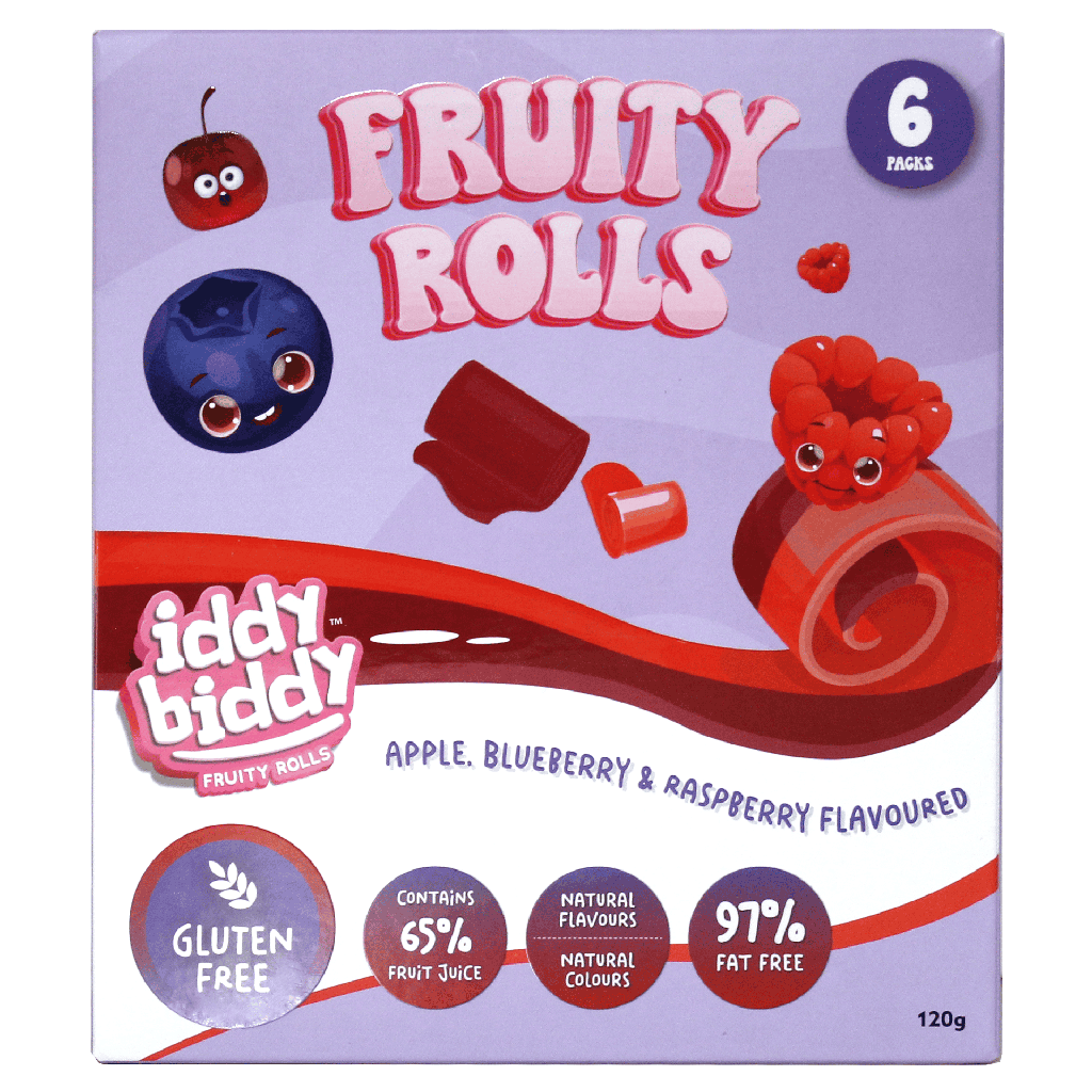 IDDY BIDDY FRUIT ROLLS APPLE, BLUEBERRY & RASPBERRY 120G