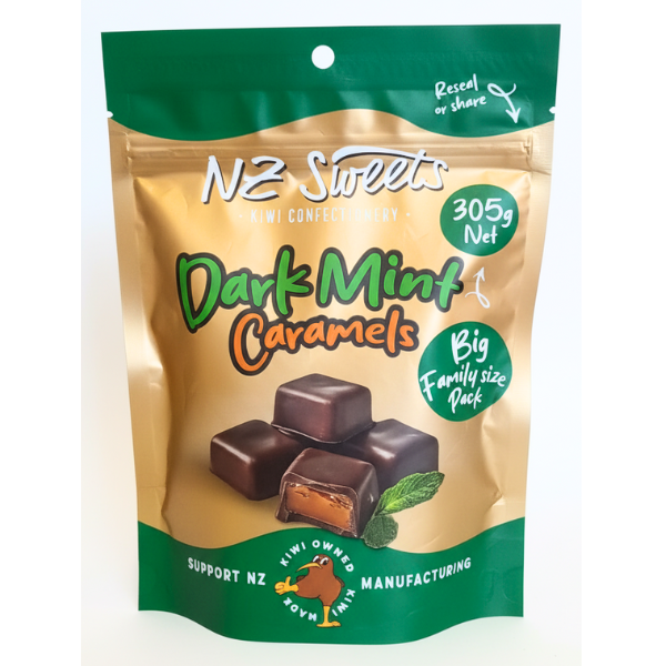 SWEETS NZ DARK MINT CARAMEL 305G 1X10 (Clearance)