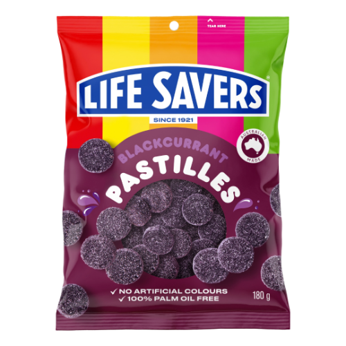 RJ'S BAG LIFE SAVERS BLACKCURRANT PASTILLES 180G