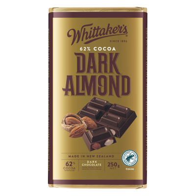 WHITTAKER'S BLOCK DARK ALMOND 62% COCOA 250G 1X12