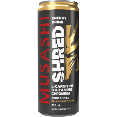 MUSASHI 34620 SHRED ENERGY DRINK PASSIONFRUIT 355ML 1X12 (Clearance)