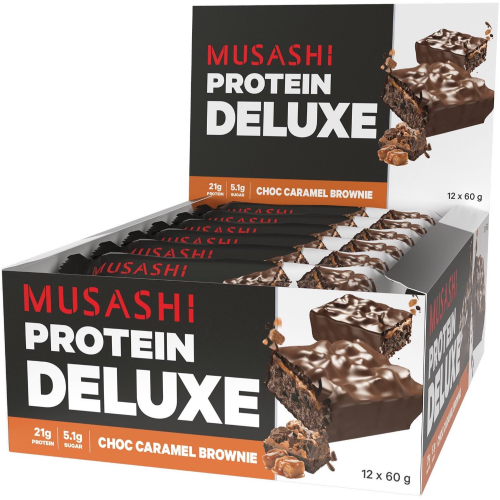 MUSASHI PROTEIN BAR DELUXE CHOC CARAMEL BROWNIE 60G 1X12