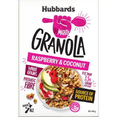 HUBBARDS BEMIGHTY GRANOLA RASPBERRY & COCONUT 400G