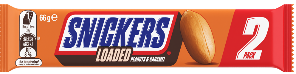 MARS 2 PACK SNICKERS LOADED CARAMEL & PEANUT 66G 1X25