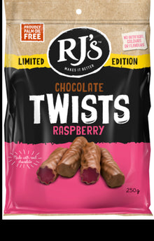RJ'S BAG LICORICE MILK CHOC RASPBERRY 250G