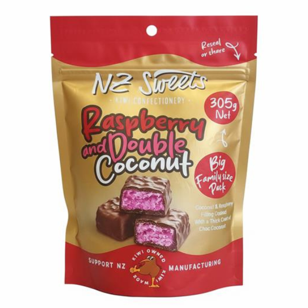 SWEETS NZ RASPBERRY & DOUBLE COCONUT 305G 1X10