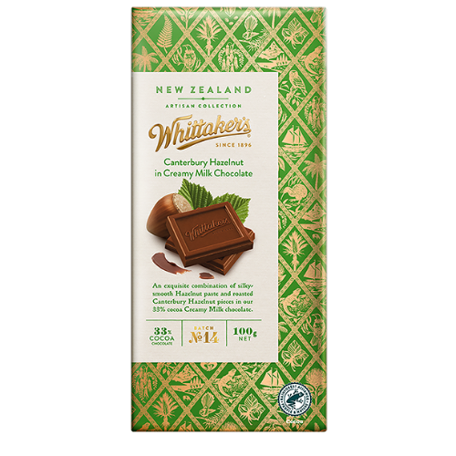 WHITTAKER'S ARTISAN BLOCK CANTERBURY HAZELNUT MILK CHOCOLATE 100G 1X20