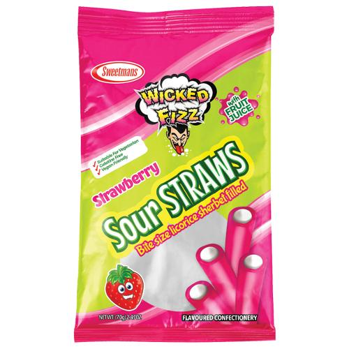 WICKED FIZZ STRAWBERRY SOUR PIPES 70G 1X12