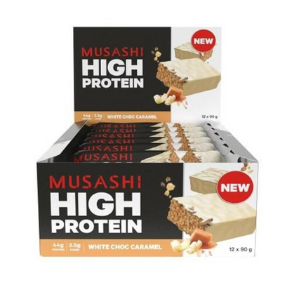 MUSASHI PROTEIN BAR HIGH PRO WHITE CHOC CARAMEL 90G 1X12