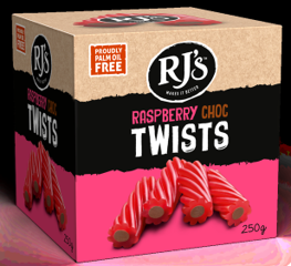 RJ'S BAG CHOC RASPBERRY TWISTS GIFTBOX 250G