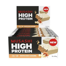 MUSASHI PROTEIN BAR HIGH PRO WHITE CHOC CARAMEL 90G 1X12