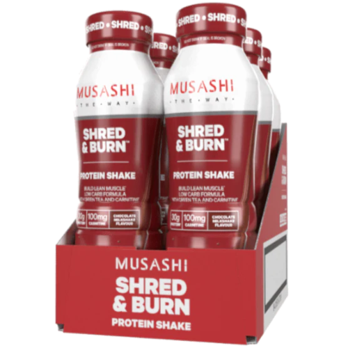 MUSASHI MILK DRINK HIGH PRO CHOCOLATE SHRED AND BURN 375ML 1X6