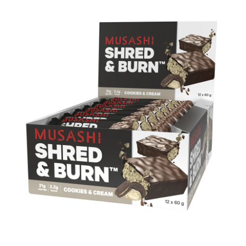 MUSASHI PROTEIN BAR SHRED & BURN COOKIES & CREAM  60G X12