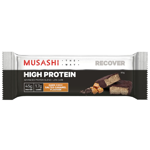 MUSASHI PROTEIN BAR HIGH PRO DARK CHOC SALTED CARAMEL 90G 1X12