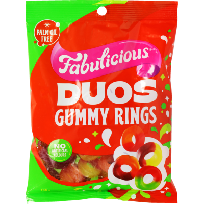 RJ'S FABULICIOUS DUOS GUMMY RINGS 180G 1X12 (Clearance)